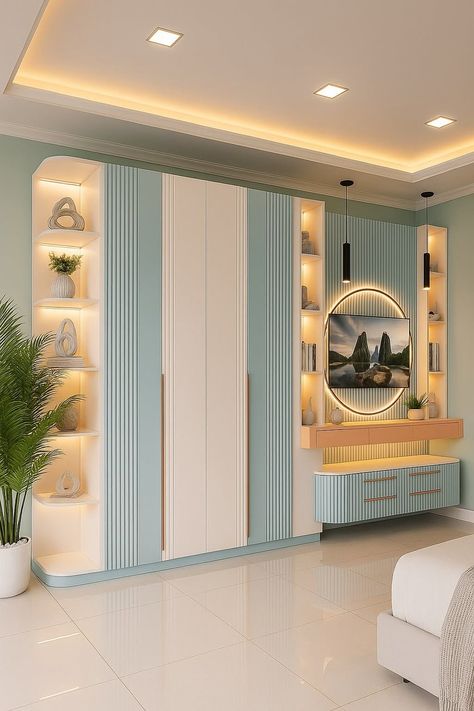 Teal & Cream Curved Wardrobe Suite with Integrated Vanity